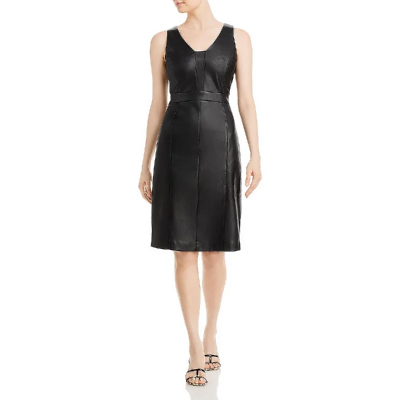 Chic Trend Collection T Tahari Womens Faux Leather Knee Midi Dress