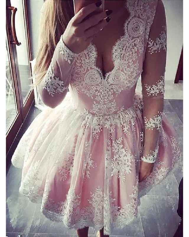 Women’s High Street Fashion Blush Pink Short Homecoming Dresses Lace Party Gown Girls 8th Graduation Gown with Long Sleeves