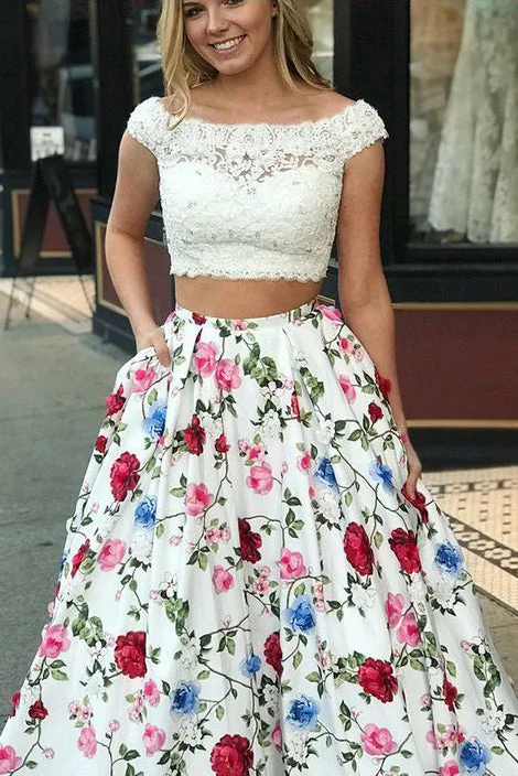 Stylish Basics Two Piece Cap Sleeves Floral Dresses with Lace New Style Backless Prom Dresses N1733