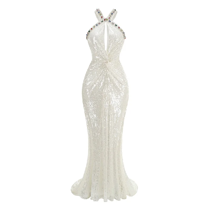 Hot Picks Radiant Jewel Embellished Twist Cutout Sleeveless Sequin Fishtail Maxi Dress