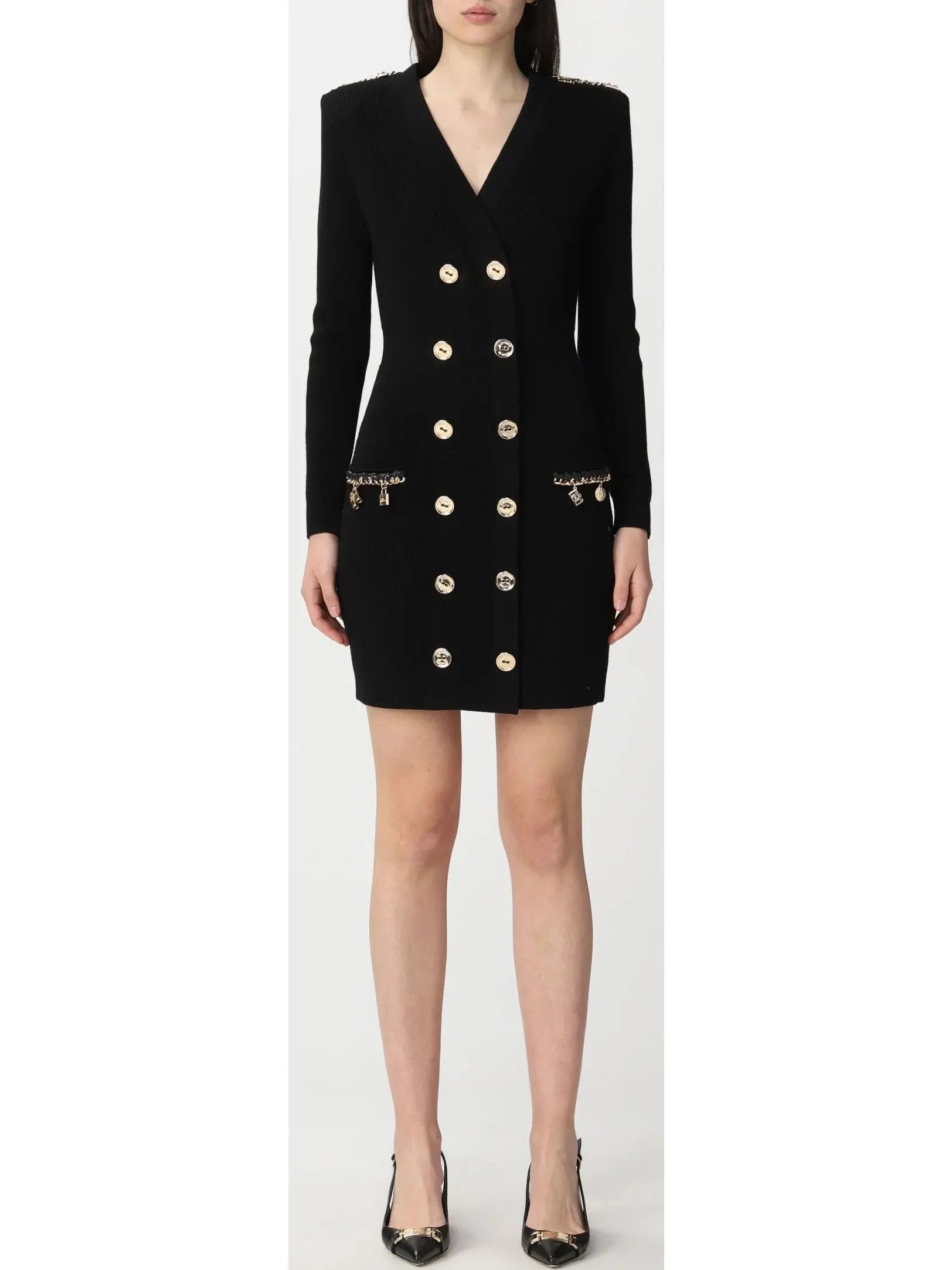 Trendy Women's Collection Double-Breasted Knit Mini Dress with Charm Details