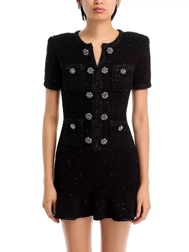 Style Streetwear Decorative-Button-Embellished Black Tweed Mini Dress