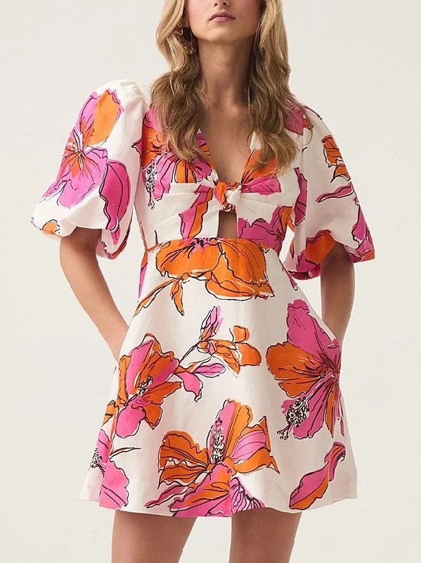 Hot Brand Discounts Abstract Hibiscus Print Knotted Puff-Sleeve Mini Dress