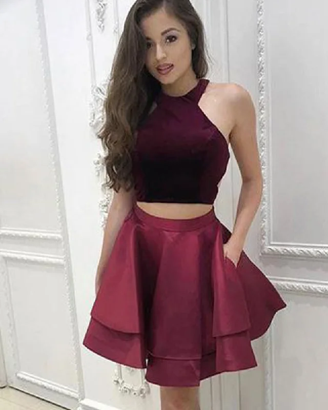 Exclusive Women’s Fashion Collection Halter Wine Dark Red Short Evening Party Dresses Crop Top Girls Homecoming Gown