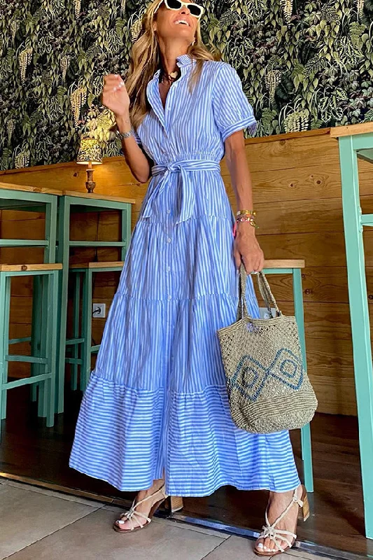 Elegant Style Sunday Morning Stripe Shirt Maxi Dress