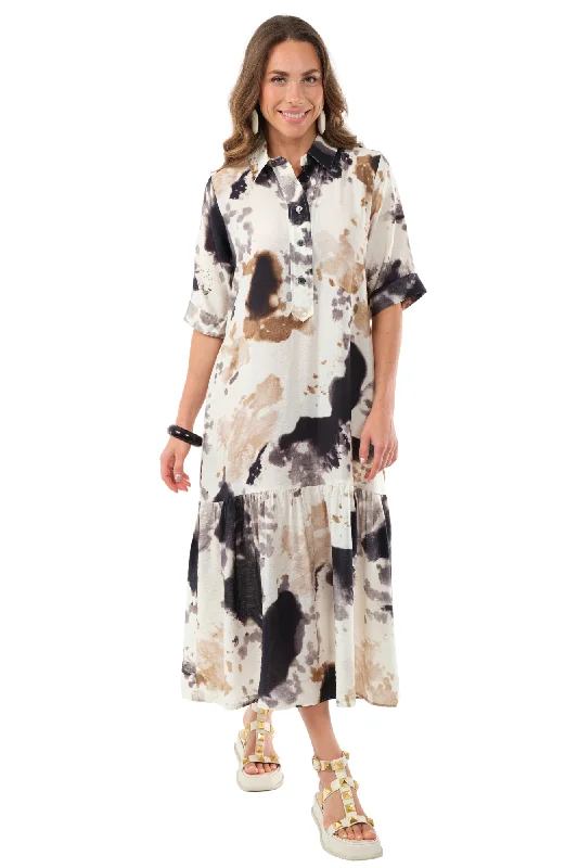 Chic Trend Collection Women's Ivory & Black Splash Print Maxi Dress-"Vega"