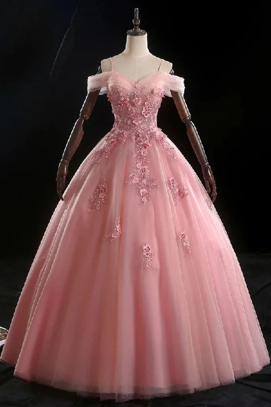 Trendsetting Threads Pink Ball Gown Off The Shoulder Quinceanera Prom Dresses with Floral Appliques