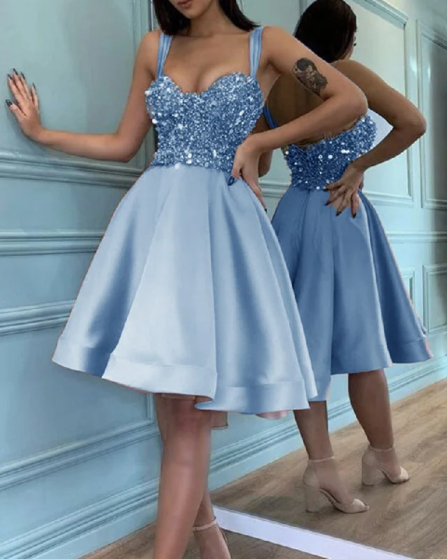 New Arrival Discount Pink / Blue Knee Length Short Prom Dress with Straps Sequins Beading ,Girls 8th Grade Party Homecoming Gown SP01113