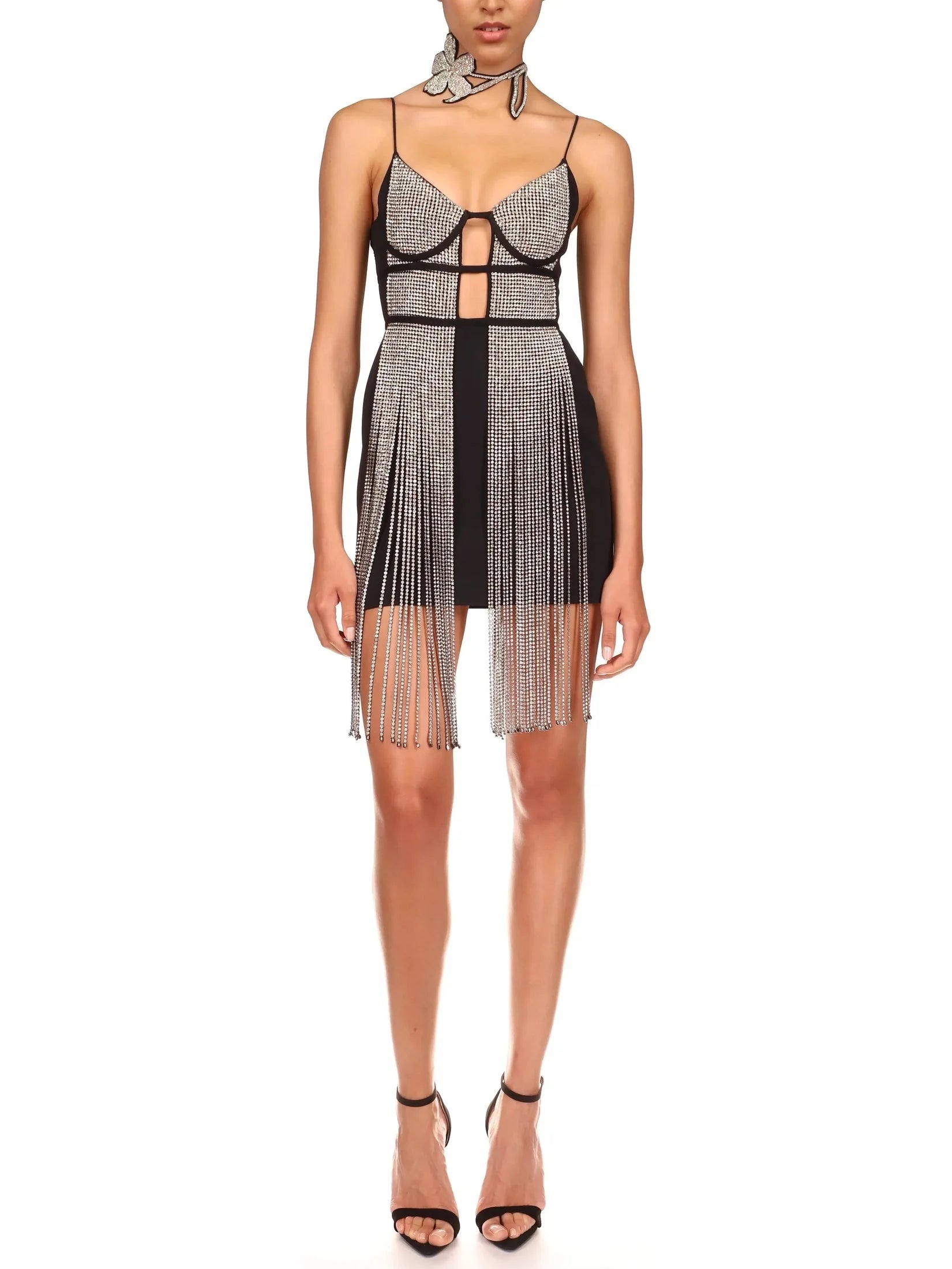 Bid Farewell To The Old Season Crystal-Embellished Fringed Cady Mini Dress