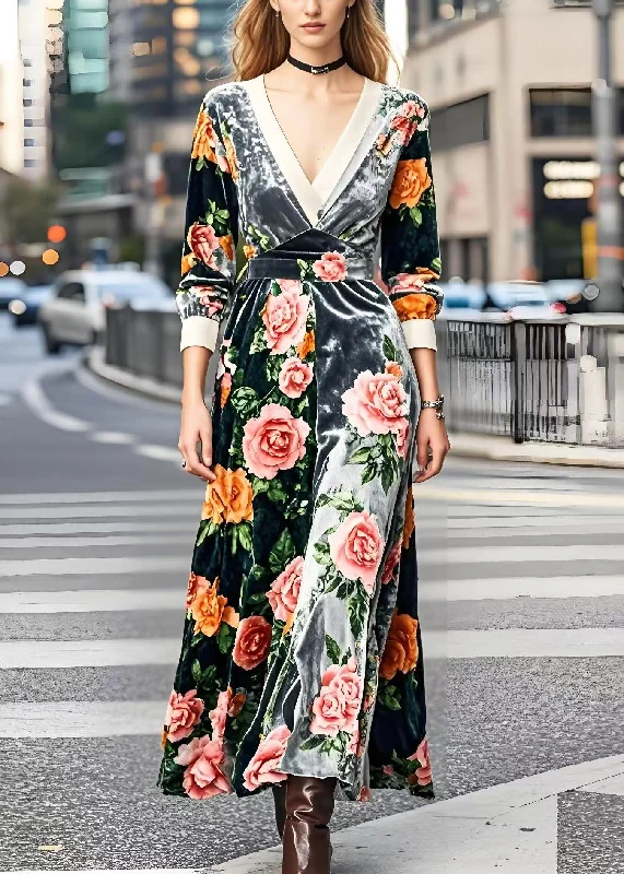 Fashion Forward Silm Fit V Neck Patchwork Floral Silk Velvet Robe Dresses Spring