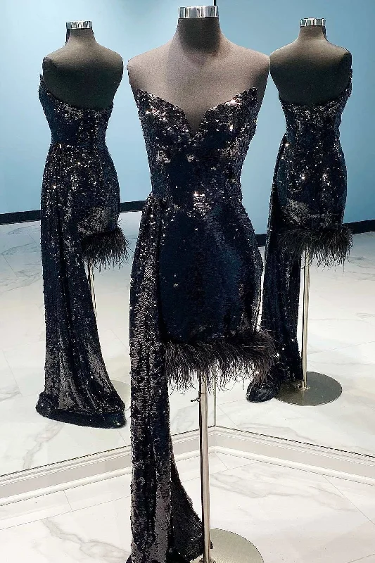 Clothing Sale Black Sequin Strapless Feathered Cocktail Gown with Attached Train