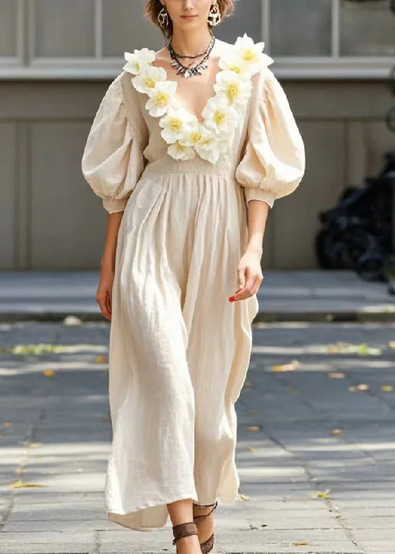 Limited Stock, Big Sale Art Apricot Three-dimensional Floral Cotton Robe Dresses Summer