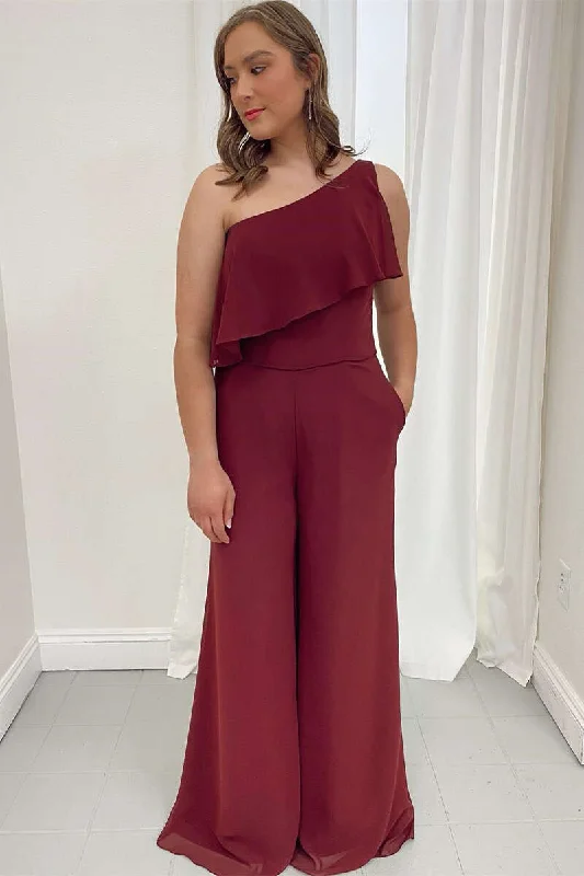 Discount Store Ruffles Burgundy Chiffon One-Shoulder Wide-Leg Jumpsuit