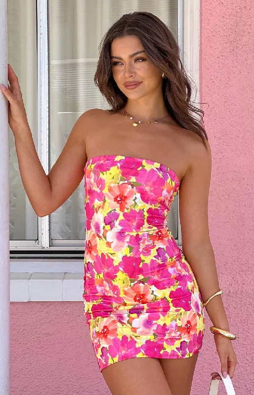 Trendy Urban Attire Lee Yellow Floral Pop Strapless Mini Dress