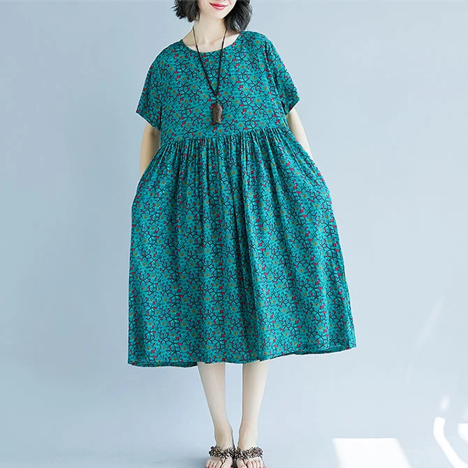 Elegant Women’s Fashion Elegant green cotton linen shift dress oversized maxi dress Fine short sleeve O neck floral cotton linen clothing