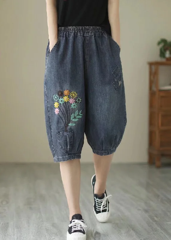 Elegant Simplicity Wardrobe Fine Navy Embroideried Floral Denim Harem Pants Summer