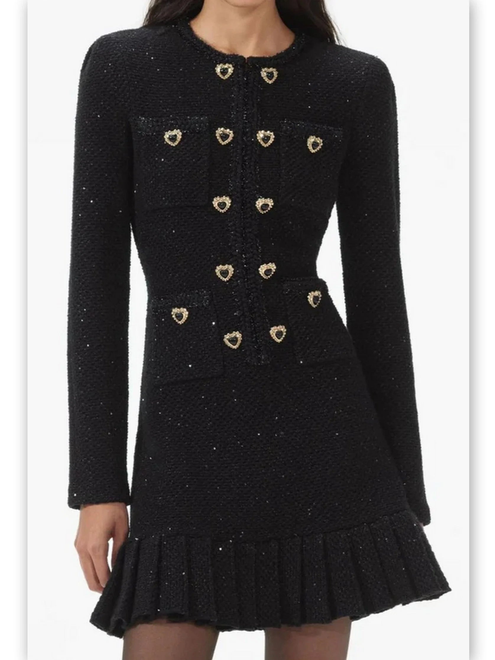 Workwear Fashion for Women Heart-Decorative-Button-Embellished Black Tweed Mini Dress