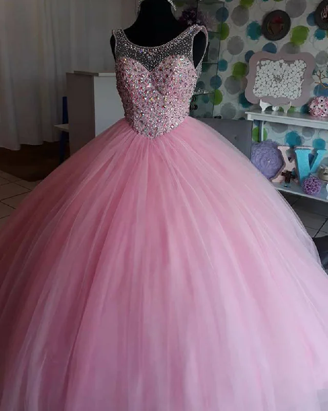 Clothing Woman Siaoryne Amazing Pink Scoop Neck Girls Sweet Sixteen Prom Dresses Quinceanera Ball Gown with Beading PL7332