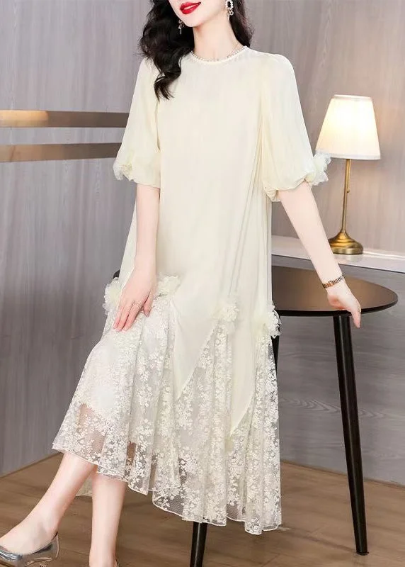 Luxury Women’s Clothing Beige FloralLace Patchwork Long Dresses O-Neck Summer