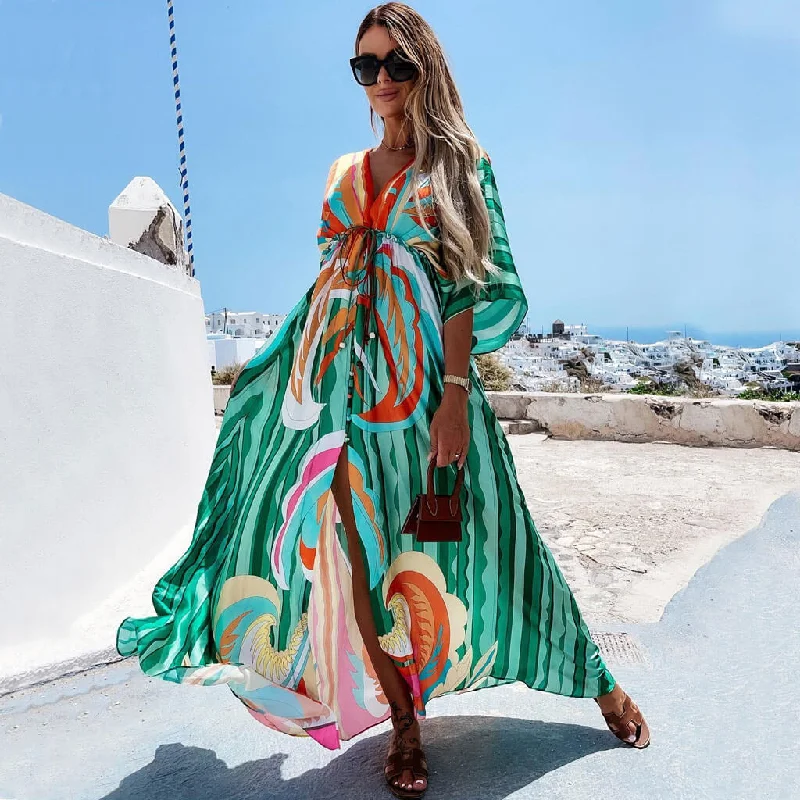 Plus Size Women’s Fashion and Clothing Abstract Print Belted Button Down V Neck Maxi Dress - Green