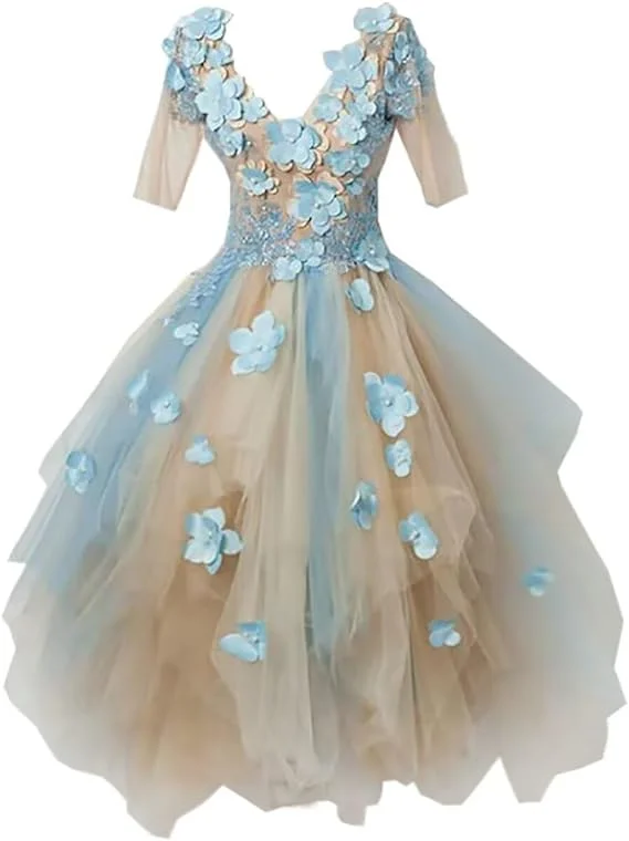 Women Clothes Half Sleeves Beige and Blue Puffy Short Prom Dresses for Girls PL41029