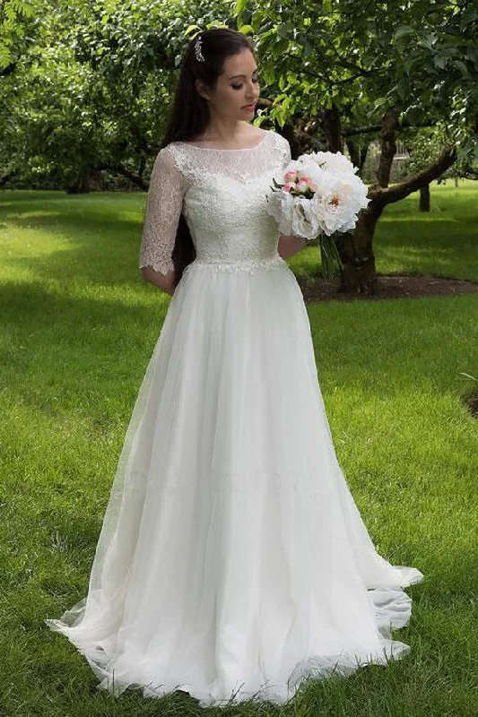 Clearance Sale, All Cheap Roycebridal White Lace Bodice Half Sleeves Long Wedding Dresses, Cheap Bridal Gowns, MW160