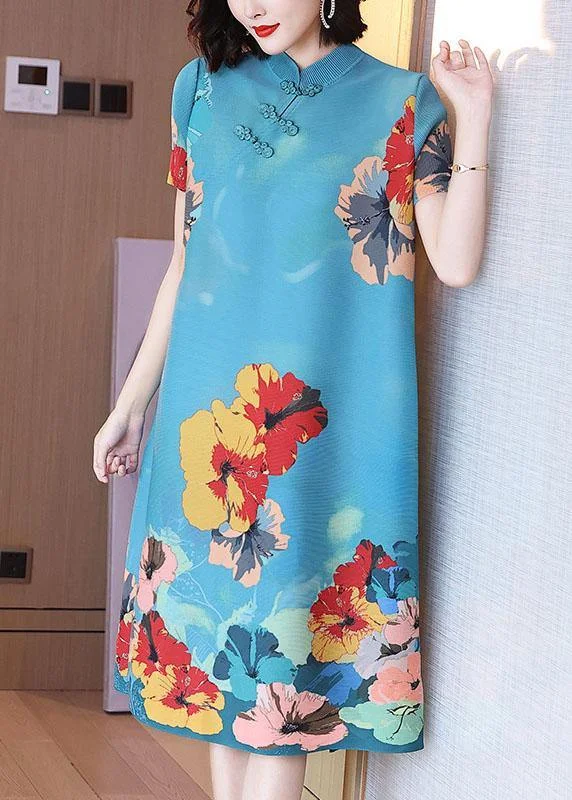 Fashion-forward Women’s Wear Unique Blue Print Floral Mandarin Collar Maxi Dresses Summer