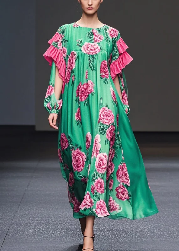 Versatile Style Wardrobe Beautiful Green Floral Print Ruffles Silk Velvet Dresses Fall