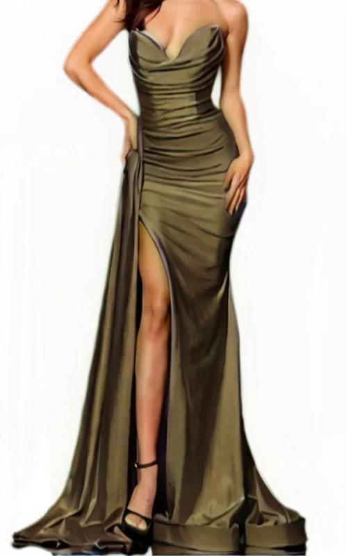 Exclusive Discount Strapless Gown With Slit In Olive