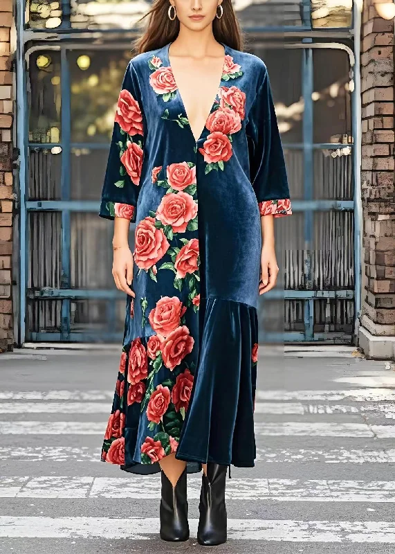 Fashion Sale DIY Navy Deep-V Neck Floral Silk Velvet Maxi Dress Bracelet Sleeve