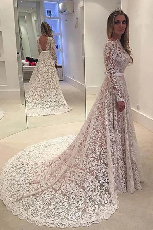 Casual Women’s Clothing Online Roycebridal White Lace Backless A line Long Sleeve Long Wedding Dresses, Bridal Dresses, MW190