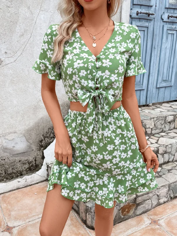 Modern Women’s Fashion with Vintage Touches Tied Printed V-Neck Flounce Sleeve Mini Dress