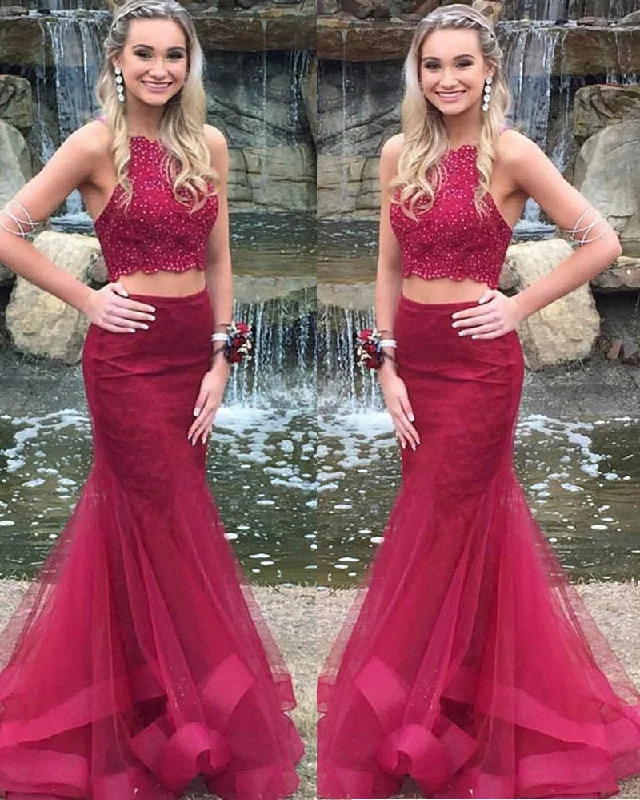 Fashion Women's Clothing Girls Formal Graduation Burgundy 2 Pieces Lace Prom Dresses Mermaid Style PL1131