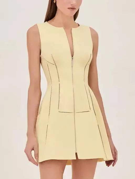 Discount Store Cut-Out Structured Zip-Front Mini Dress in Yellow