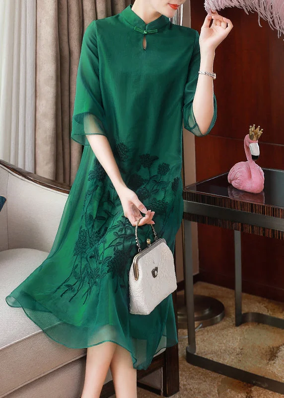 Your Timeless Wardrobe Awaits Elegant Green Stand Collar Embroideried Floral Button Tulle Long Dresses Half Sleeve