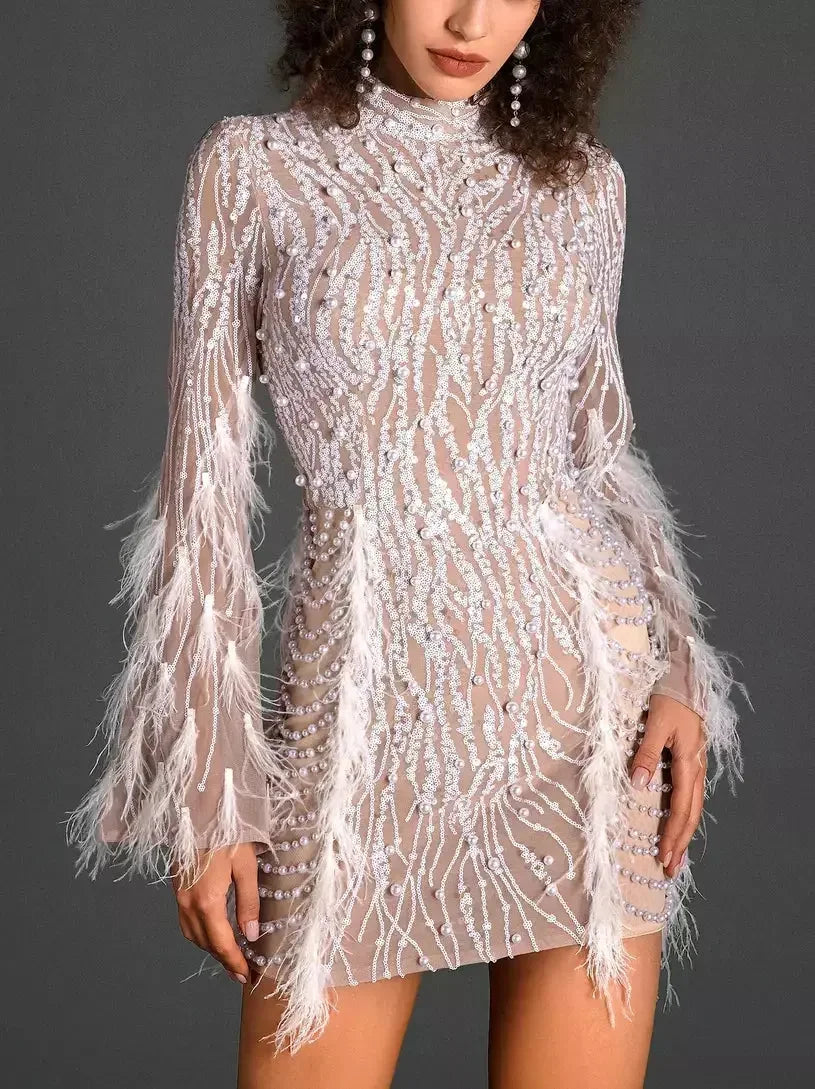 Hot Deals Embellished Feather-Trim Mock-Neck Mesh Mini Dress