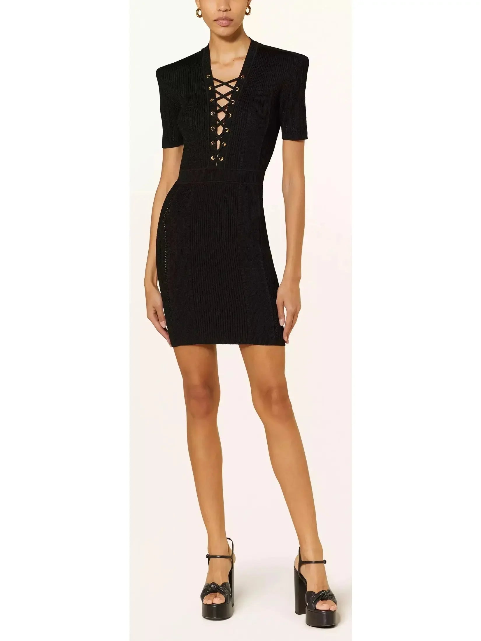 Women’s Trendy Outfits Lace-Up Ribbed Knit Black Mini Dress