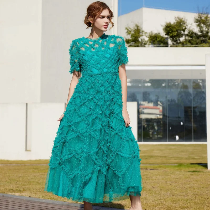 Explore What's New Opulent Crew Neck Sheer Sleeve High Waist A Line Dotted Tulle Ruffle Maxi Dress