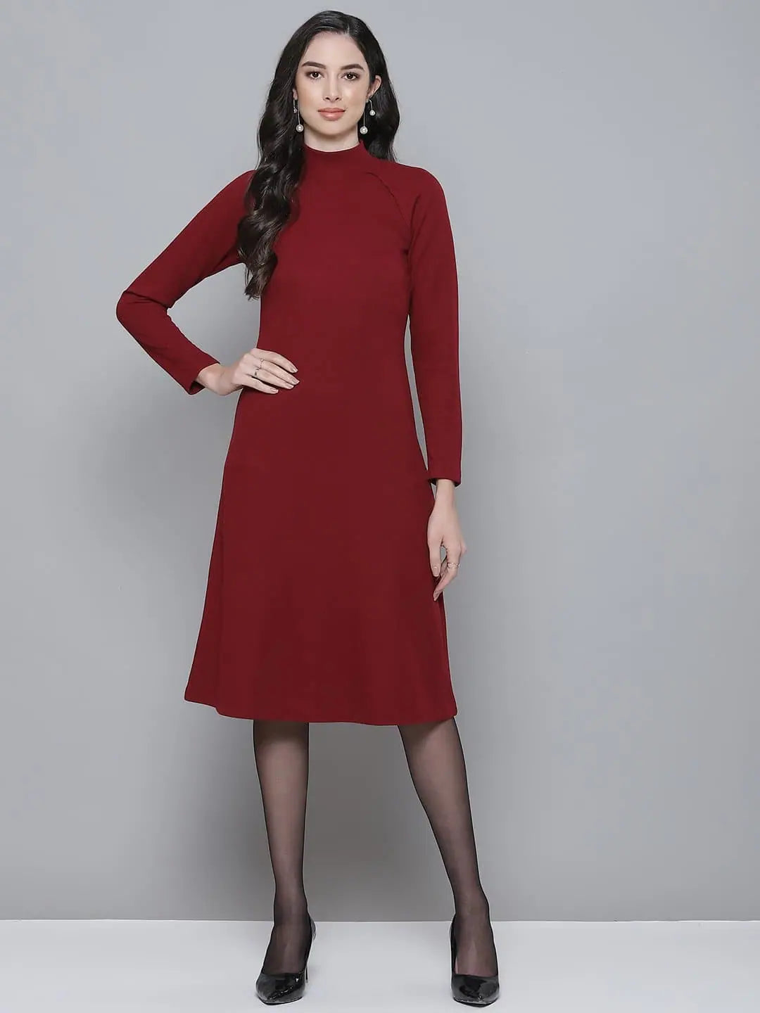 Crazy Discounts, Hurry Up Maroon Rib Turtle Neck Raglan Sleeve Midi Dress