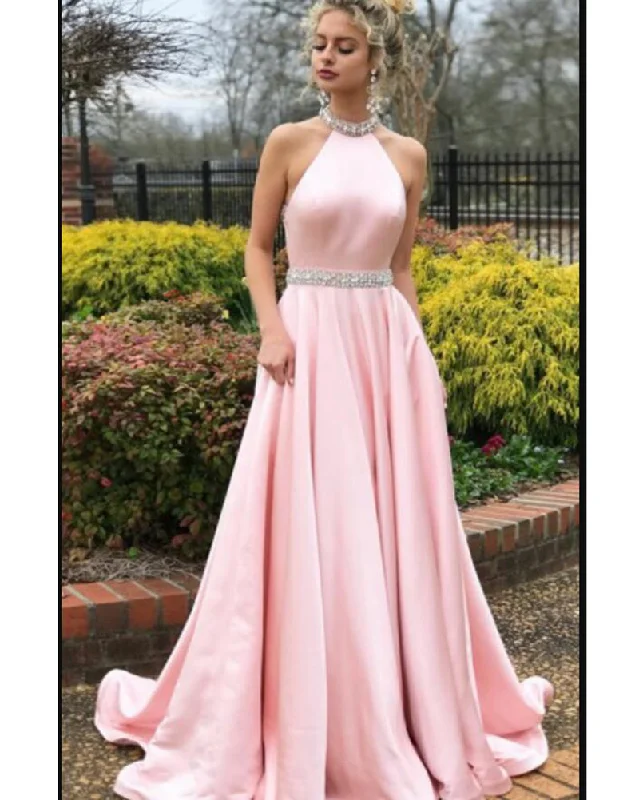 Stylish Loungewear for Women Pink Halter Beading Long A Line Formal Prom Homecoming Dress Girls Evening Party Gown