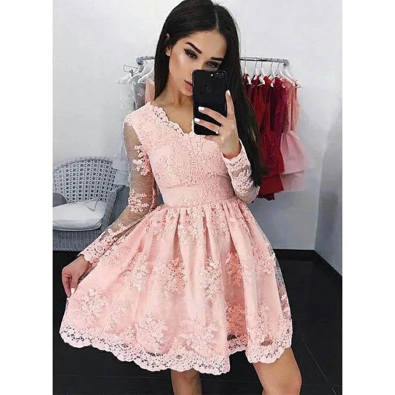 Comfortable Casual Women’s Clothing Short Party Dress with Sleeves ,Cocktail Semi formal Pink Lace Gown For Girls Homecoming SP704