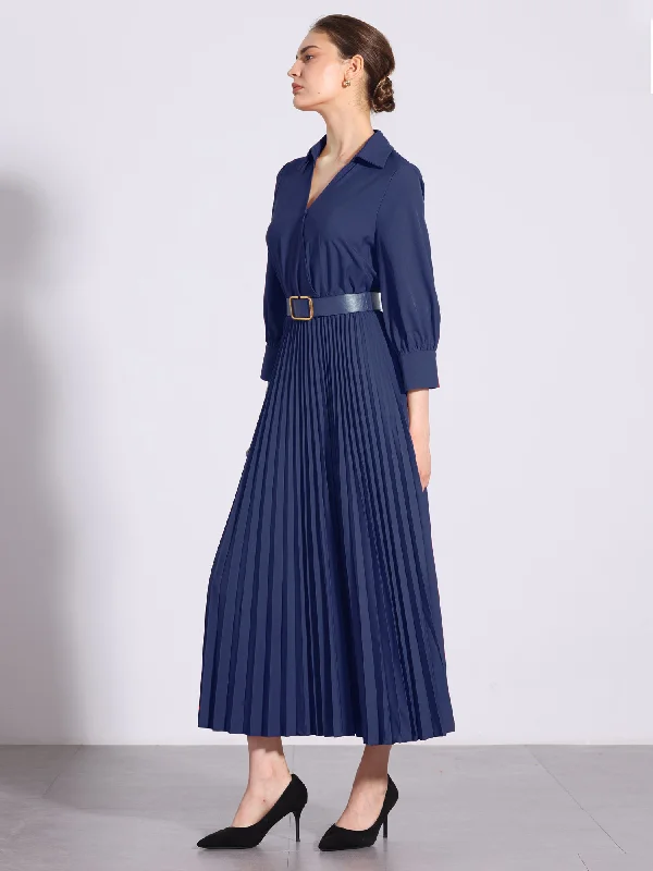 Women's Fashion Hotspots Collar V Neck Belted Dressy Casual Pleated Maxi Dress