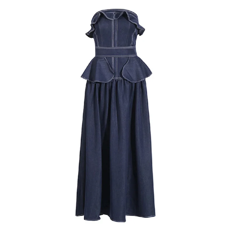 Fashionable Tops for Women Contrast Stitch Ruffle Strapless Ruched Drop Waist Peplum Denim Maxi Dress