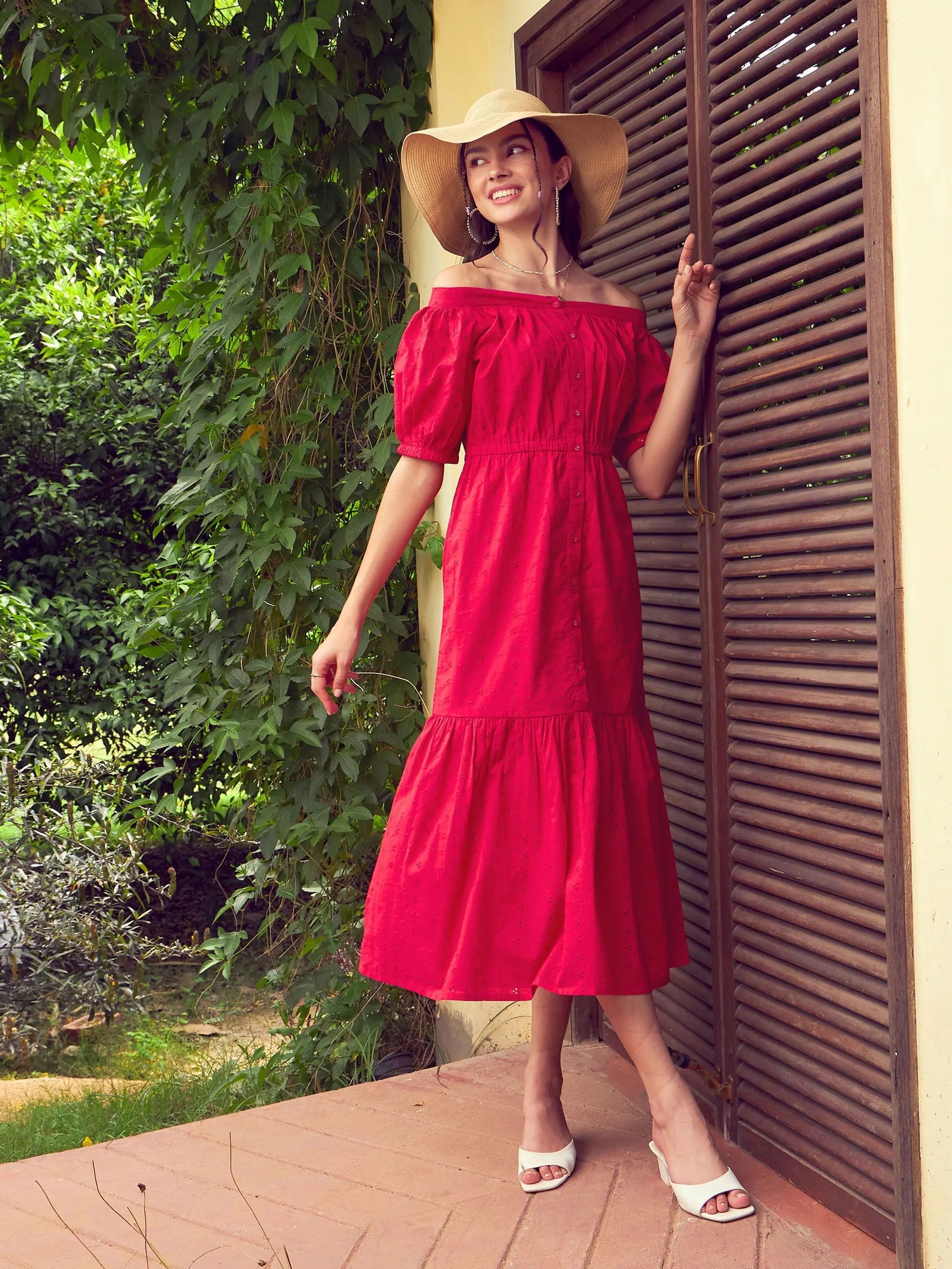 Comfortable Loungewear for Women Women Red Schiffli Off-Shoulder Tiered Midi Dress