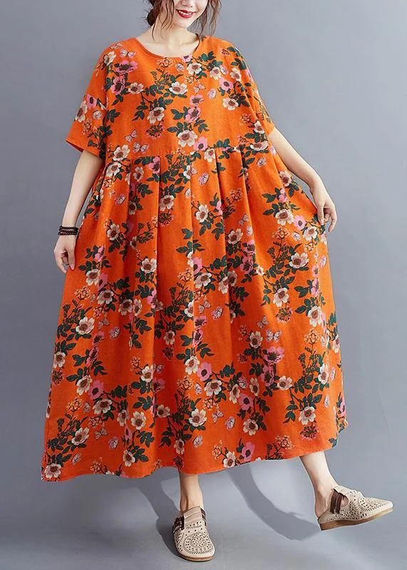 Workwear Fashion for Women Organic o neck Cinched summer quilting clothes Catwalk orange floral Traveling Dress