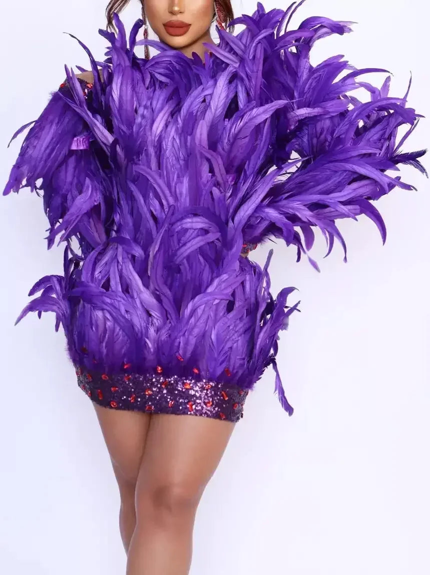 Absurdly Cheap Sale Feather Embellished Mini Dress with Sequins and Beading in Purple