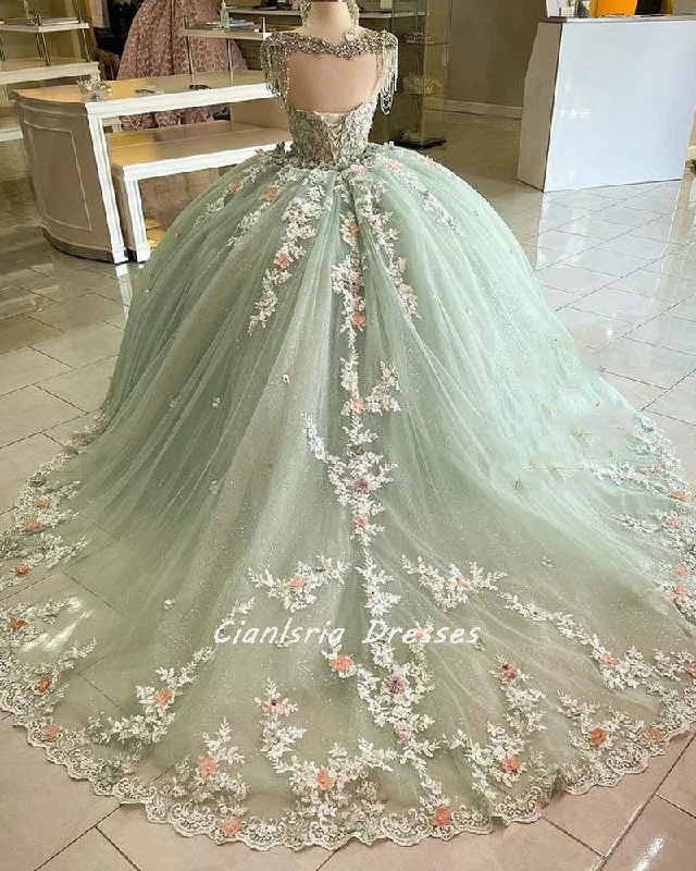 Daily Deals Fancy Beautiful Prom Dress Mint Green Girls Ball Gown Quinceanera Gown