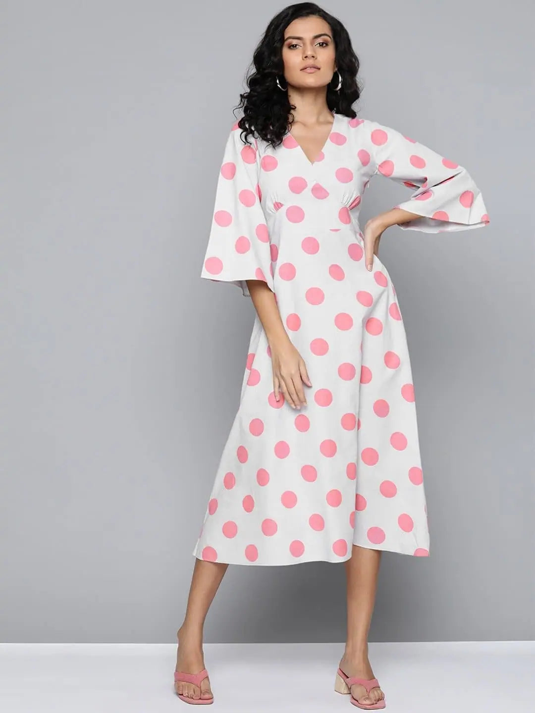 New Arrivals Pink & Grey Polka V-Neck Midi Dress