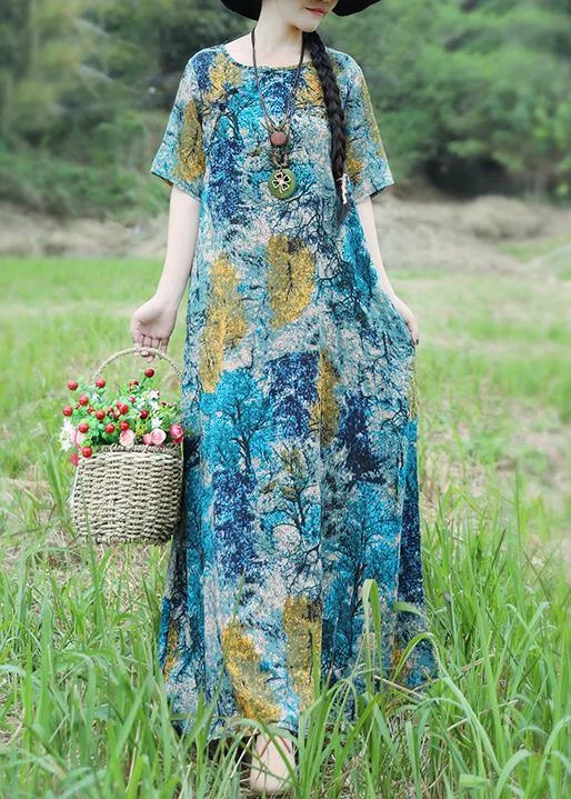 Comfy Women’s Outfits for Daily Wear Handmade blue yellow floral cotton linen Outfits o neck Maxi Summer Dress