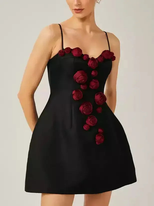 Luxury Women’s Clothing 3d Red Rose Applique Black Mini Dress